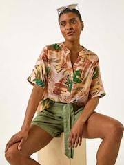 Roman Brown Abstract Print V-Neck Button Blouse - Image 2 of 5