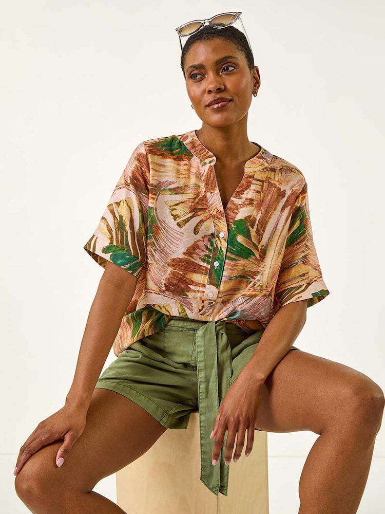 Roman Brown Abstract Print V-Neck Button Blouse - Image 2 of 5