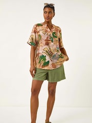 Roman Brown Abstract Print V-Neck Button Blouse - Image 3 of 5