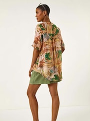 Roman Brown Abstract Print V-Neck Button Blouse - Image 4 of 5