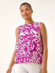 Roman Purple Print Buttoned Back Vest Top - Image 1 of 5