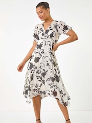 Roman Black Floral Print Hanky Hem Midi Dress - Image 1 of 5