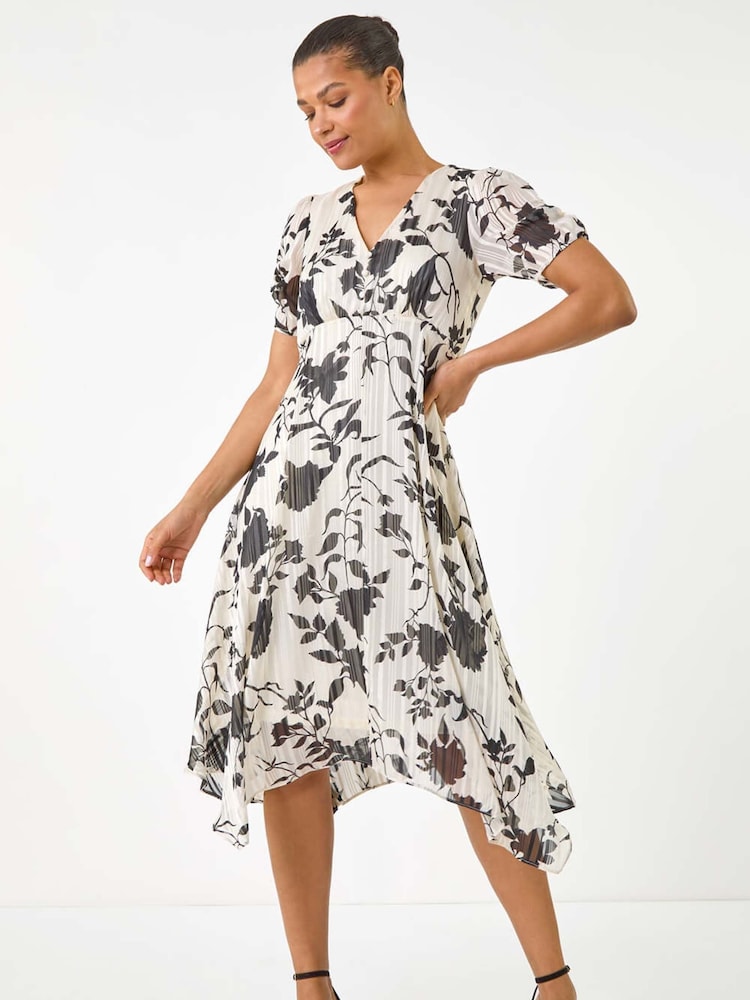 Roman Black Floral Print Hanky Hem Midi Dress - Image 1 of 5