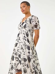 Roman Black Floral Print Hanky Hem Midi Dress - Image 2 of 5