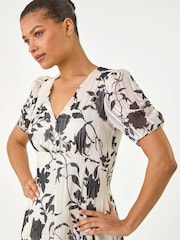 Roman Black Floral Print Hanky Hem Midi Dress - Image 4 of 5