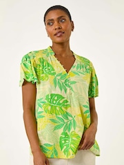 Verde - Roman Leaf Print Shirred V-Neck Blouse - Imagem 1 de 5