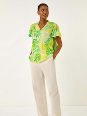 Verde - Roman Leaf Print Shirred V-Neck Blouse - Imagem 2 de 5