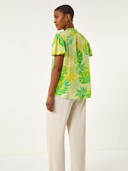 Verde - Roman Leaf Print Shirred V-Neck Blouse - Imagem 3 de 5