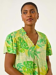 Verde - Roman Leaf Print Shirred V-Neck Blouse - Imagem 4 de 5