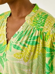 Verde - Roman Leaf Print Shirred V-Neck Blouse - Imagem 5 de 5