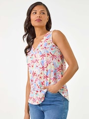 Roman Blue Floral Print Bar Back Vest Top - Image 4 of 5