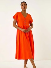 Roman Orange Linen Look Button Midi Dress - Image 1 of 5