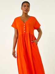 Roman Orange Linen Look Button Midi Dress - Image 2 of 5