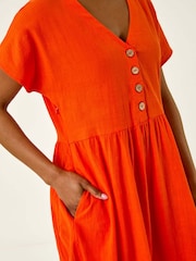 Roman Orange Linen Look Button Midi Dress - Image 5 of 5