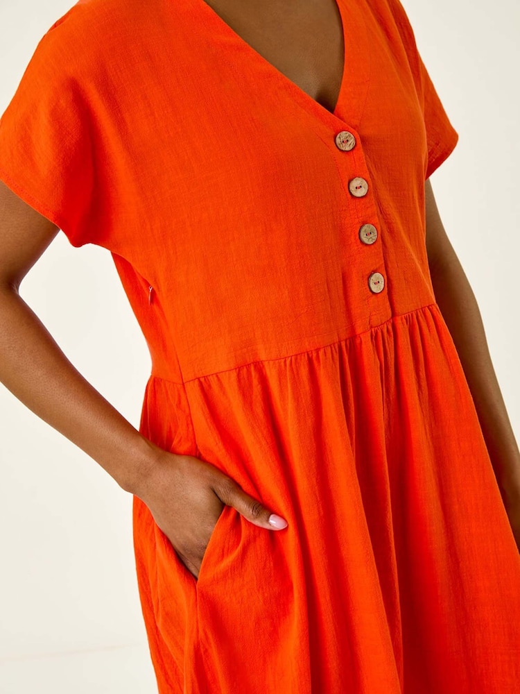 Roman Orange Linen Look Button Midi Dress - Image 5 of 5