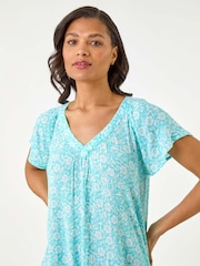 Roman Blue Floral Print V-Neck Blouse - Image 1 of 5
