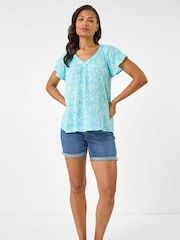 Roman Blue Floral Print V-Neck Blouse - Image 2 of 5