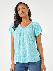 Roman Blue Floral Print V-Neck Blouse - Image 4 of 5
