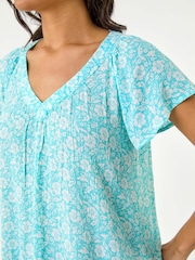 Roman Blue Floral Print V-Neck Blouse - Image 5 of 5