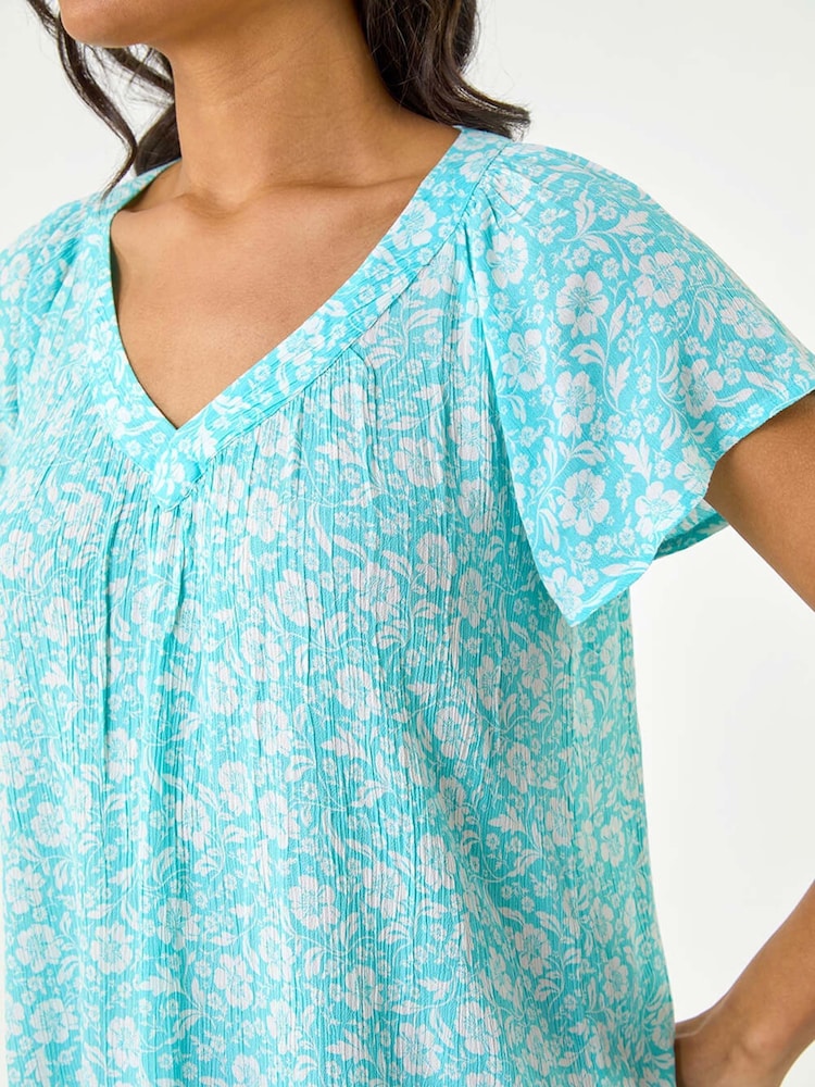Roman Blue Floral Print V-Neck Blouse - Image 5 of 5