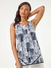 Roman Blue/white Mono Print Hanky Hem Vest Top - Image 1 of 5