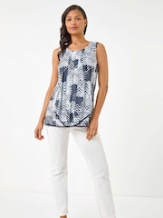 Roman Blue/white Mono Print Hanky Hem Vest Top - Image 2 of 5
