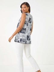 Roman Blue/white Mono Print Hanky Hem Vest Top - Image 3 of 5