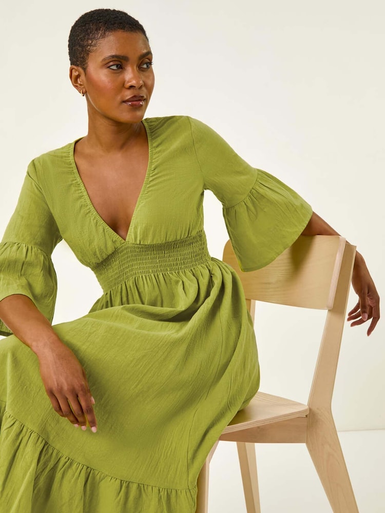 Roman Green Linen Look Shirred Midi Dress - Image 1 of 5
