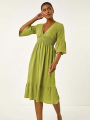 Roman Green Linen Look Shirred Midi Dress - Image 2 of 5