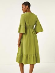 Roman Green Linen Look Shirred Midi Dress - Image 3 of 5