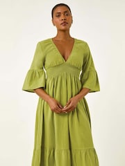 Roman Green Linen Look Shirred Midi Dress - Image 4 of 5
