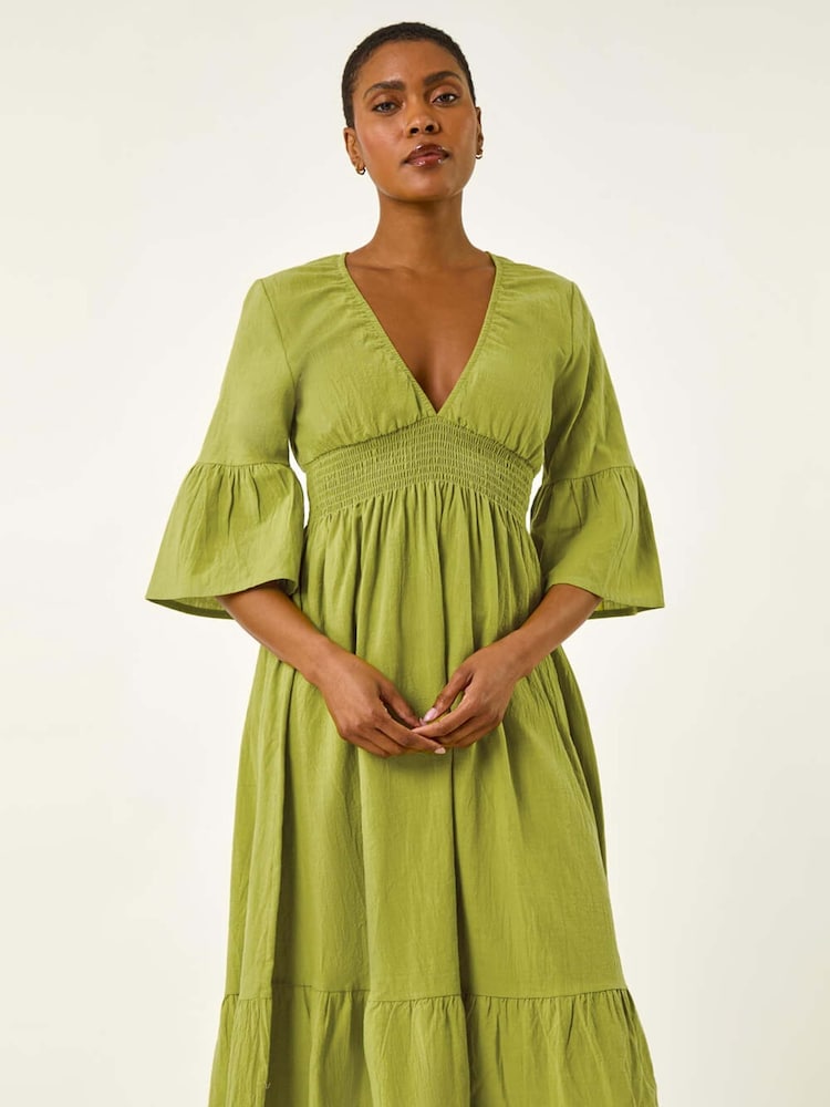 shirred linen dress Women's Cream Linen Look Shirred Waist Maxi Dress