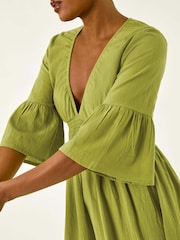 Roman Green Linen Look Shirred Midi Dress - Image 5 of 5