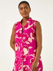 Roman Pink Floral Print Longline Button Blouse - Image 1 of 5