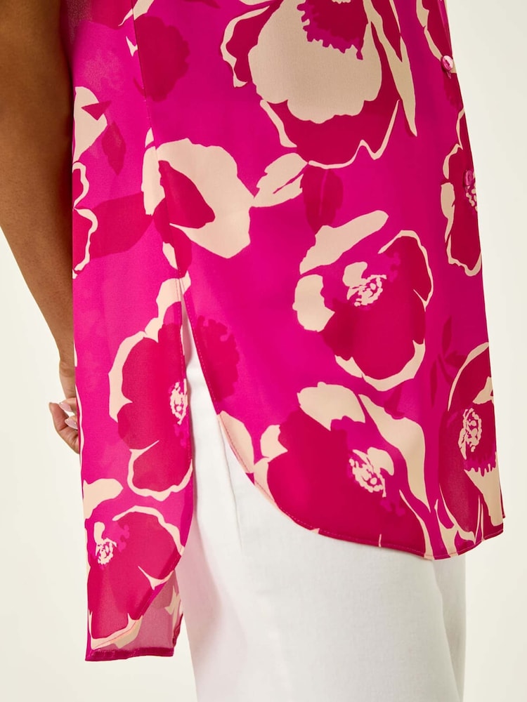 Roman Pink Floral Print Longline Button Blouse - Image 5 of 5