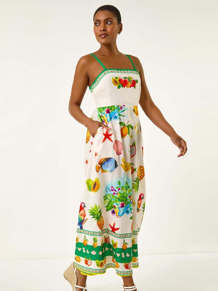 Roman White Fruit Print Strap Detail Midi Dress - Image 1 of 5