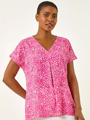 Roman Pink Spot Print V-Neck Pleat Front Blouse - Image 1 of 5