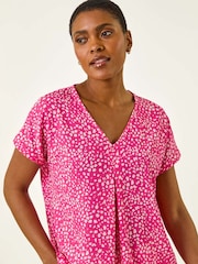Roman Pink Spot Print V-Neck Pleat Front Blouse - Image 4 of 5