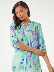 Roman Blue Floral Print V-Neck Blouse - Image 1 of 5