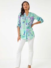 Roman Blue Floral Print V-Neck Blouse - Image 2 of 5