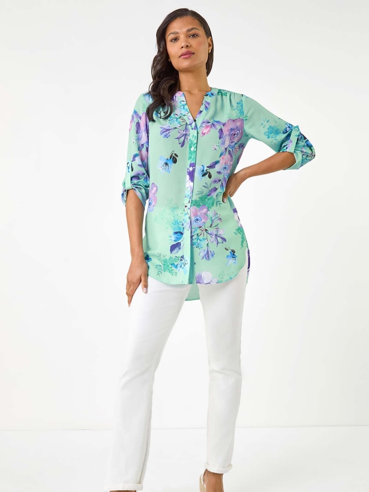 Roman Blue Floral Print V-Neck Blouse - Image 2 of 5
