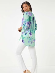 Roman Blue Floral Print V-Neck Blouse - Image 3 of 5