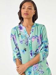 Roman Blue Floral Print V-Neck Blouse - Image 4 of 5