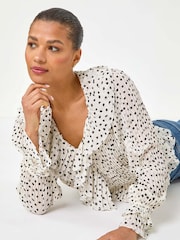Roman White Spot Frill Pleated Peplum Blouse - Image 1 of 5