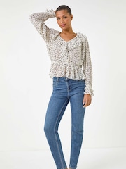Roman White Spot Frill Pleated Peplum Blouse - Image 2 of 5