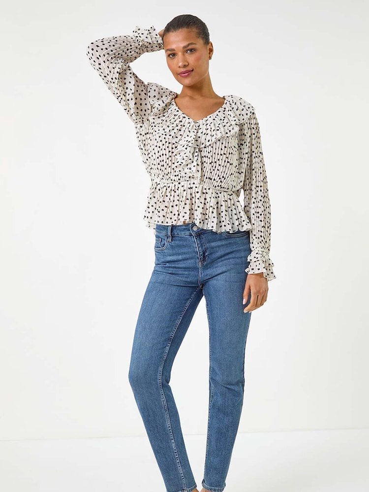 Roman White Spot Frill Pleated Peplum Blouse - Image 2 of 5