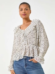 Roman White Spot Frill Pleated Peplum Blouse - Image 4 of 5