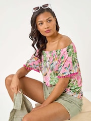 Roman Pink Floral Printed Bardot Blouse - Image 1 of 5