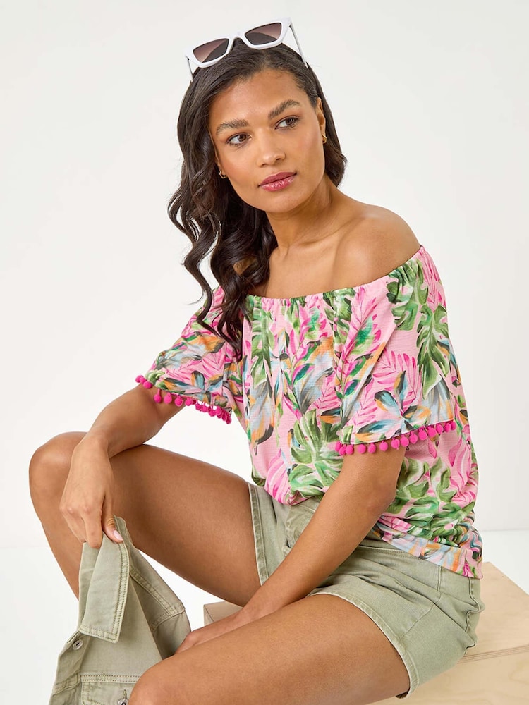 Roman Pink Floral Printed Bardot Blouse - Image 1 of 5