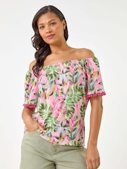 Roman Pink Floral Printed Bardot Blouse - Image 4 of 5